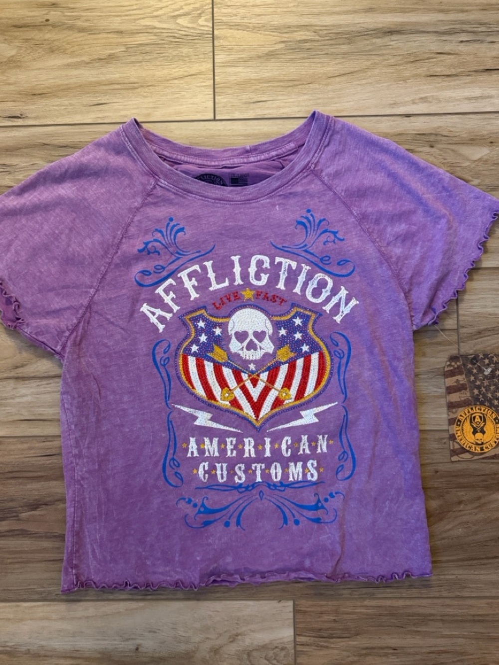 Affliction Y2K Rhinestone Skull Crop Tee Purple American Biker Graphic 2X NWT